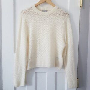 H&M Crewneck Pointelle Pullover Long Sleeve Ribbed Trim Knit Sweater Cream Sz M